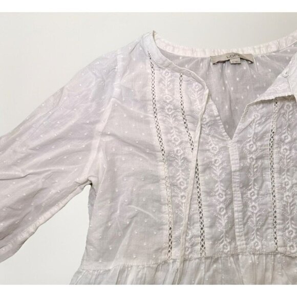 LOFT Women’s White Cotton Blouse Size Medium Embroidered V Neck Long Sleeves - Picture 3 of 6